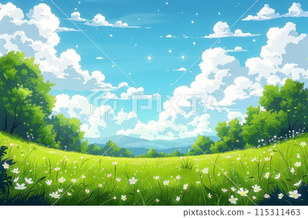 Illustration of a grassland bathed in spring sunlight 115311463