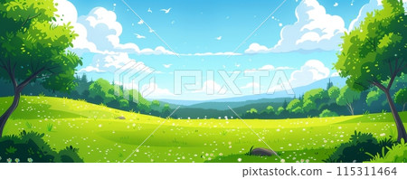Illustration of a grassland bathed in spring sunlight Illustration of a grassland bathed in spring sunlight 115311464