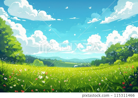 Illustration of a grassland bathed in spring sunlight 115311466