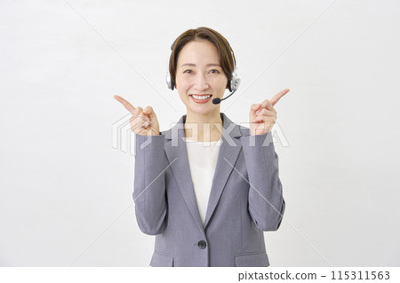 Operator pointing left and right on white background Operator pointing left and right on white background 115311563