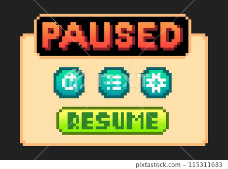 8-bit pixel text, game pause menu. Background icon for game assets in vector illustrations. 8-bit pixel text, game pause menu. Background icon for game assets in vector illustrations. 115311683