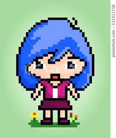 8 bit pixel of the cute girl characters. Cartoon women in vector illustrations. 115311716
