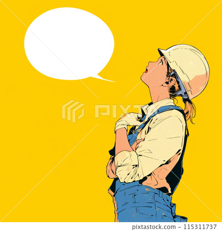 A worker thinking with his arms folded and a speech bubble 115311737