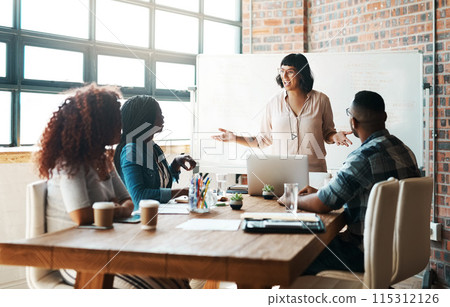 Presentation, meeting and business people in office for brainstorming, planning and discussion. Diversity, creative agency and men and women with whiteboard for teamwork, feedback and collaboration 115312126