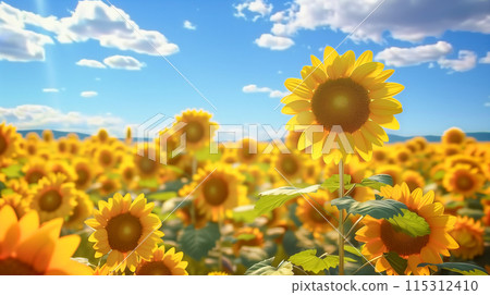 Blue sky and sunflower fields in full bloom 115312410