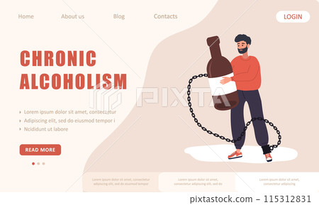 Chronic alcoholism. Landing page template. Drunk man Chained to a bottle of Booze. Unhealthy lifestyle awareness. Alcohol Addiction. Vector illustration in flat cartoon style Chronic alcoholism. Landing page template. Drunk man Chained to a bottle of Booze. Unhealthy lifestyle awareness. Alcohol Addiction. Vector illustration in flat cartoon style 115312831