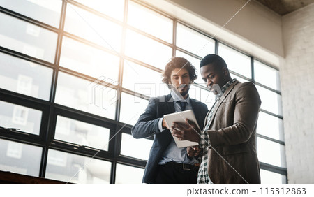 Men, reading and team work on tablet for business collaboration, research and advice for stock market. People, trader or b2b clients planning and typing on digital tech for report by office window 115312863