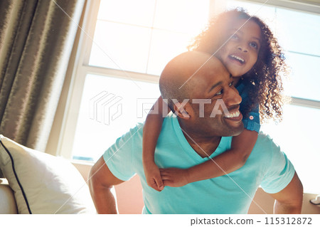 Sofa, father and child with piggyback in home for bonding, playful and enjoying together in weekend. Happy family, dad and daughter in couch for support, hug and healthy connection with parent love 115312872