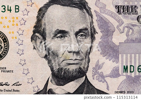 Close-up five US dollar bill, top view point 115313114