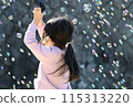 Girl having fun blowing bubbles with a bubble gun 115313220