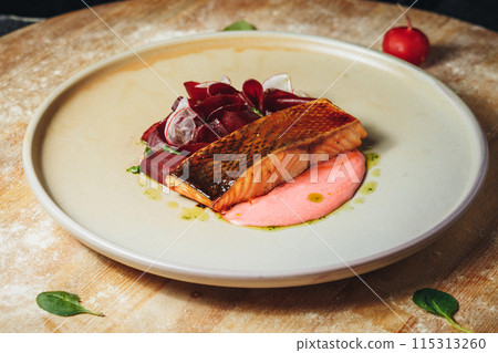 A Gastronomic Delight: Salmon and Beetroot Symphony 115313260