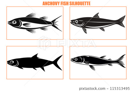 set of Anchovy fish silhouette isolated on white, animal anchovy natural logo vector icon silhouette 115313495