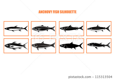 set of Anchovy fish silhouette isolated on white, animal anchovy natural logo vector icon silhouette 115313504