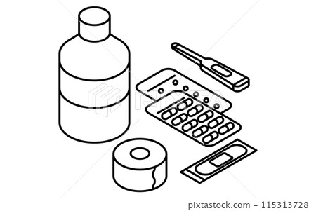 Disaster prevention goods, first aid supplies set simple line drawing, isometric illustration 115313728