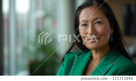 Confident Asian Businesswoman in Professional Green Blazer, Natural Light Office Setting - Suitable for Corporate Branding, Leadership Concepts, and Business Profiles 115313849