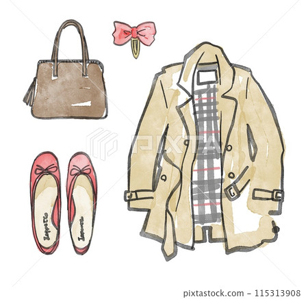 Hand-drawn fashion coordination: trench coat Hand-drawn fashion coordination: trench coat 115313908