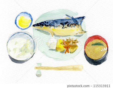 Japanese food: Mackerel set meal, hand-drawn watercolor illustration 115313911