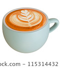 Cafe latte art pale blue mug 3D illustration 115314432