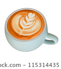 Cafe latte art pale blue mug 3D illustration 115314435