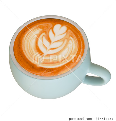 拿鐵咖啡藝術淡藍色馬克杯 3D 插圖 拿鐵咖啡藝術淡藍色馬克杯 3D 插圖 115314435