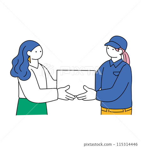 Simple line drawing illustration of a delivery worker handing over a package 115314446