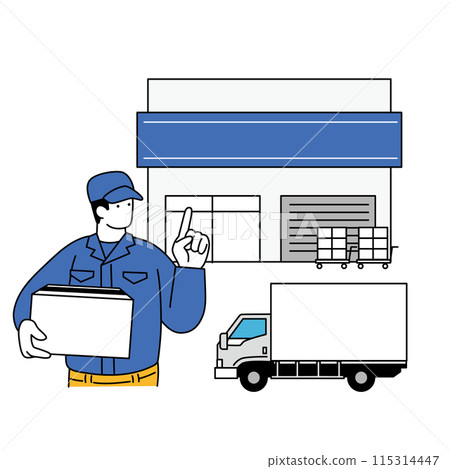 A simple line drawing illustration of a delivery truck, a sales office, and a delivery worker wearing work clothes 115314447