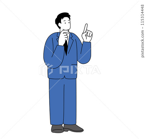 A simple line drawing of a man in a suit pointing and thinking 115314448