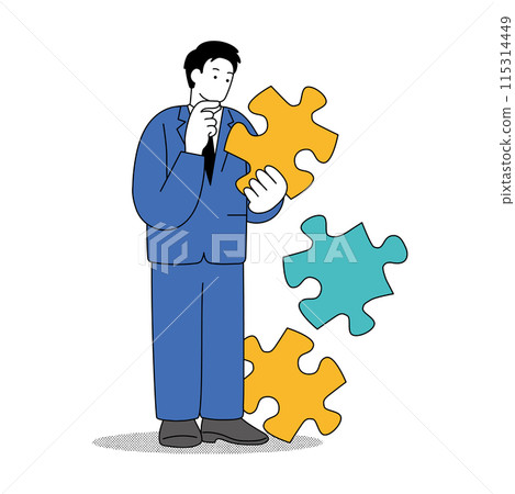 Simple line drawing illustration of a man in a suit holding a puzzle and thinking 115314449