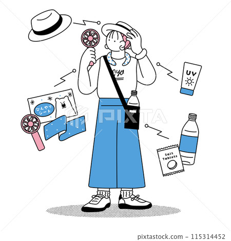 Simple line drawing illustration of a young woman taking measures against heat stroke 115314452
