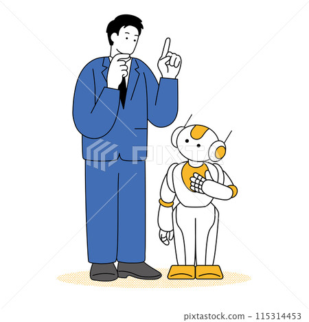 人工智慧機器人和穿西裝的男人的簡單線條畫插圖 人工智慧機器人和穿西裝的男人的簡單線條畫插圖 115314453