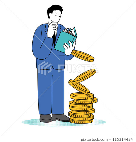 一個穿著西裝的男人研究金錢的簡單線條畫插圖 一個穿著西裝的男人研究金錢的簡單線條畫插圖 115314454