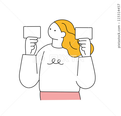 Simple line drawing of a woman holding two cards 115314457