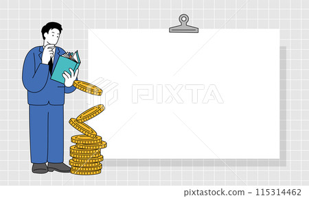 一個穿著西裝的男人研究金錢的簡單線條畫插圖 115314462
