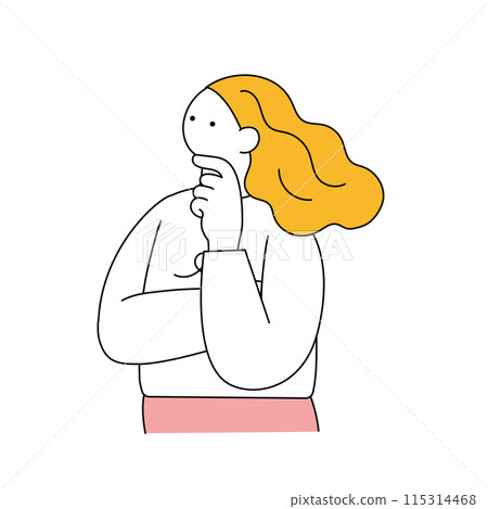 Simple line drawing of a woman thinking with her hand on her chin 115314468
