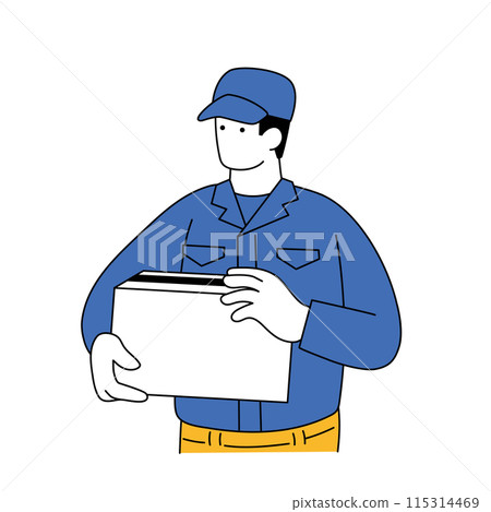 Simple line drawing illustration of a delivery worker carrying a package 115314469
