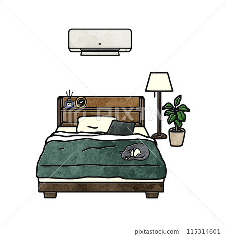 Stylish bedroom, air conditioner, cat/watercolor style 115314601