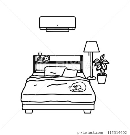Stylish bedroom, air conditioner, cat / line drawing Stylish bedroom, air conditioner, cat / line drawing 115314602