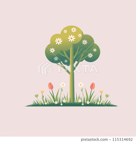 A spring tree with green leaves with blooming flowers Vector 115314692