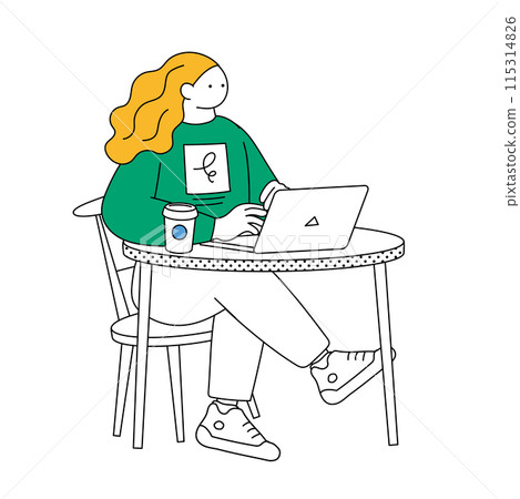 使用計算機的婦女的簡單線條畫插圖 使用計算機的婦女的簡單線條畫插圖 115314826
