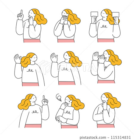 A set of simple line drawings of women with various facial expressions A set of simple line drawings of women with various facial expressions 115314831