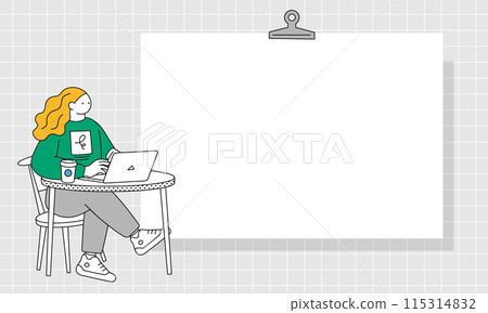 Simple line drawing background of a woman using a computer Simple line drawing background of a woman using a computer 115314832