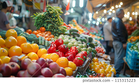 Vibrant Market Scene: Colorful Produce and Energetic Vendors in 4K Resolution 115315223