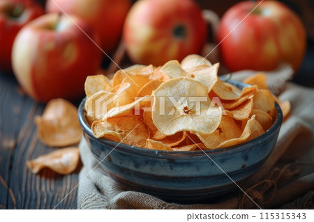 Crispy homemade apple chips stacked in a 115315343