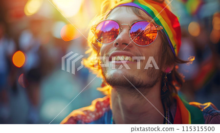 Caucasian male gay in sunglasses is smile and having fun at the LGBTQ with rainbow colorful flags in celebrate pride mouth parade 115315500