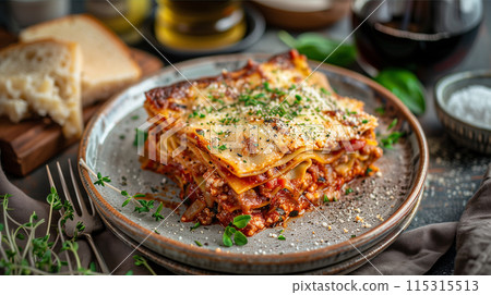 A Delicious Serving of Homemade Lasagna With Fresh Parsley and Cheese 115315513