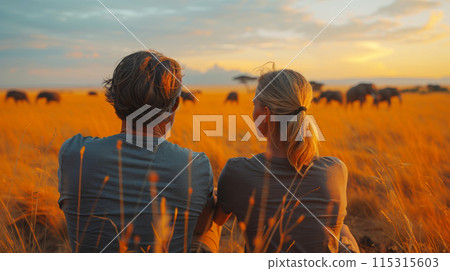 Silhouette Caucasian couple love is relaxing and sitting on grass field with destination travel adventure in sunset and wildlife of animals in zoo of safari in Africa 115315603