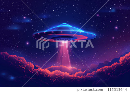 Illuminated UFO Hovering Over Clouds In Night Sky Illuminated UFO Hovering Over Clouds In Night Sky 115315644