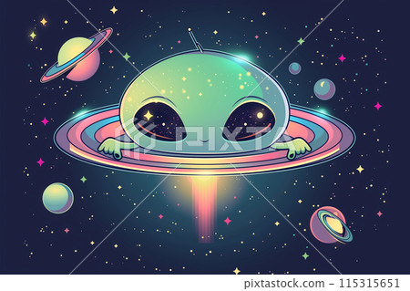 Cartoon Alien Flying Through Space In A Saucer 115315651