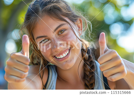 Smiling Woman With Braided Hair Gives Thumbs Up On Sunny Day 115315666