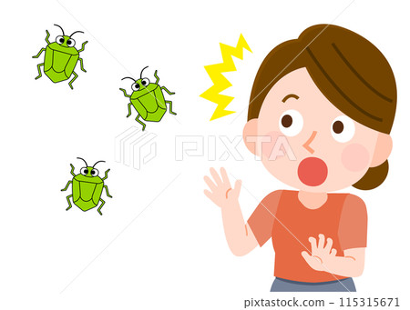 A woman surprised by a mass outbreak of stink bugs - Illustration 115315671
